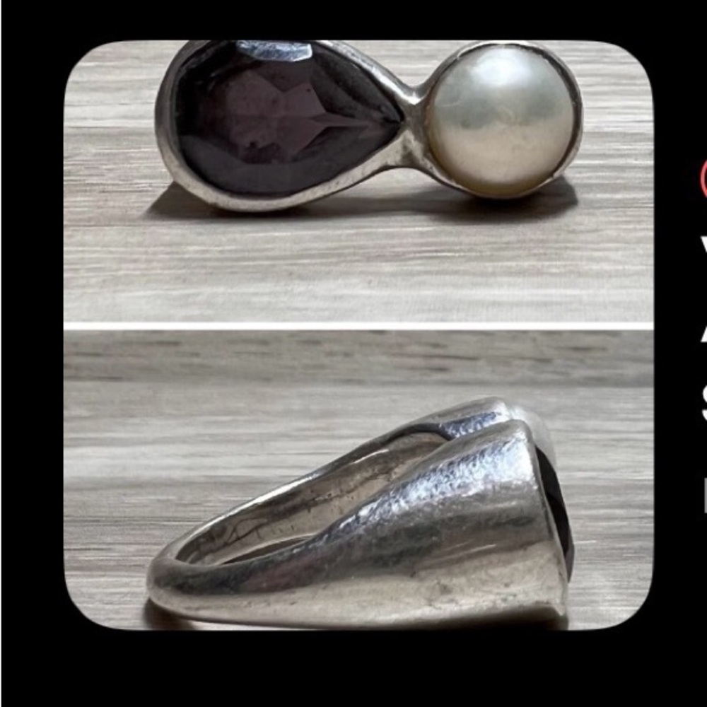 Handmade sterling silver Amethyst and pearl size 6, ring